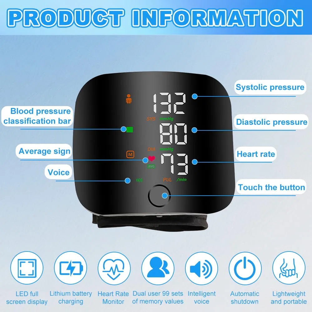 Tensiometro de Muñeca, Tensiómetro De Muñeca con Pantalla Táctil Led, Tensiómetro de Muñeca con Memoria de Lectura de 99x2 & Salida de Voz Automática, Recargable
