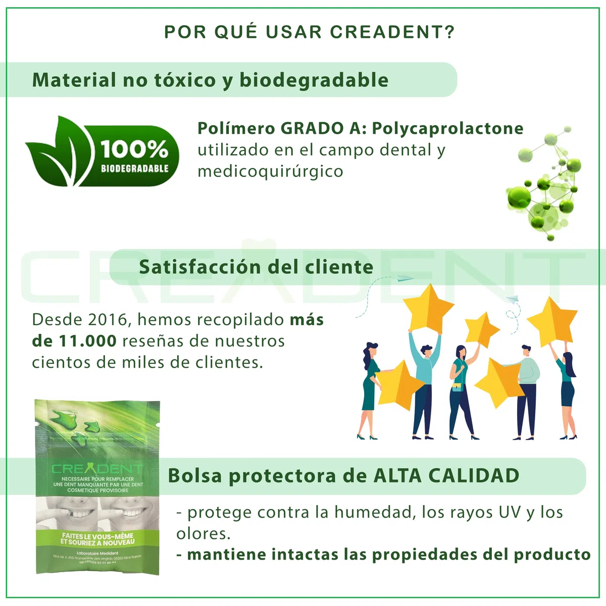CREADENT Kit para remplazar un diente faltante por un diente cosmético provisional.CREADENT Blanco