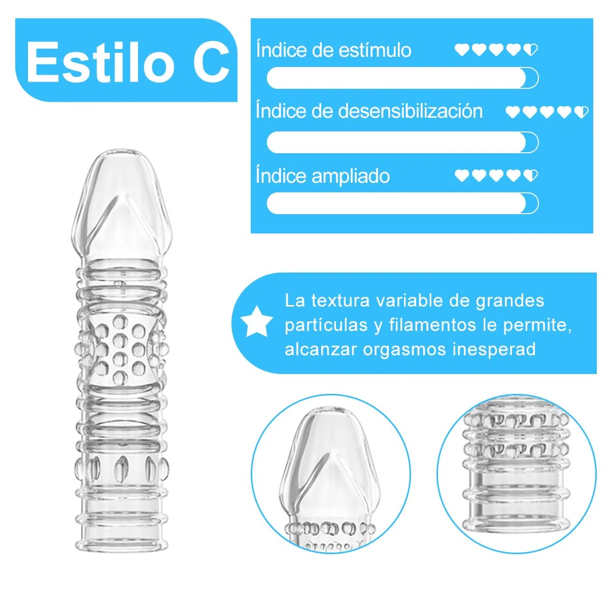 QUEEN'S STORY Funda Pene Silicona Transparente Texturada, Alargador de Pene Reutilizable Granulado Completo, Estimulación Intensiva, Eyaculación Retardada for Men and Women