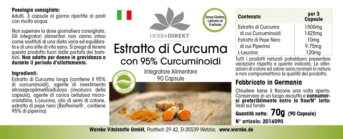 Extracto de Curcumina con pimienta negra – 1500mg de Curcumina por dosis diaria – 95% de curcuminoides – Alta biodisponibilidad – Vegano – 90 Cápsulas | HERBADIREKT - Calidad de farmacia alemana