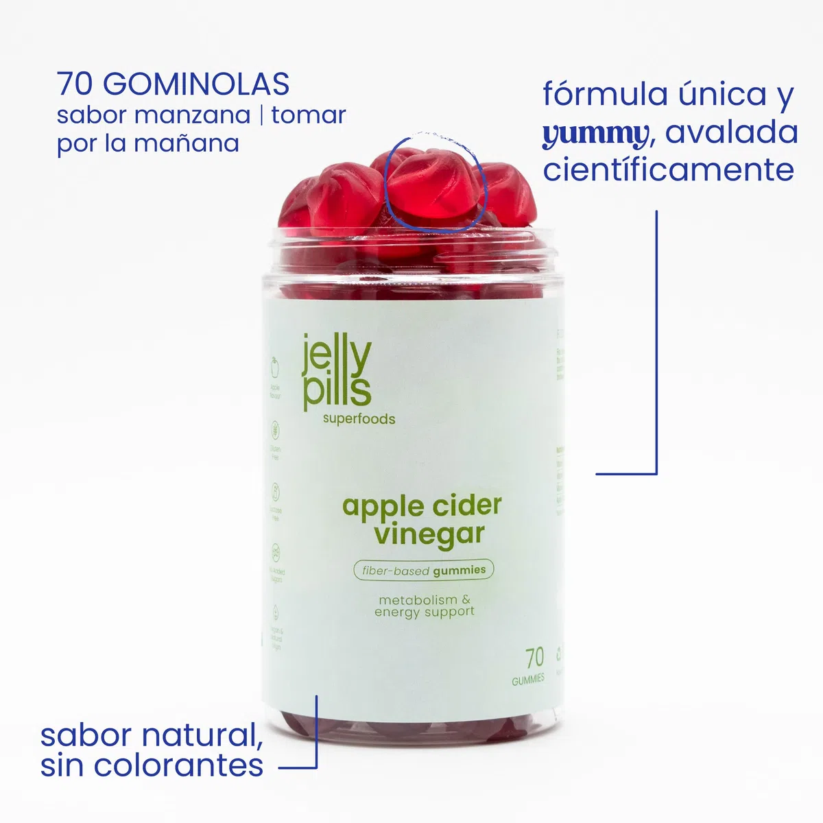 Jelly Pills Gominolas de Vinagre de Manzana de la Madre 1000mg con Cromo y Vitamina C - 70 Gummies Veganas - Sin Azucares Anadidos - Sabor a Manzana Natural - Apoya la Salud Digestiva