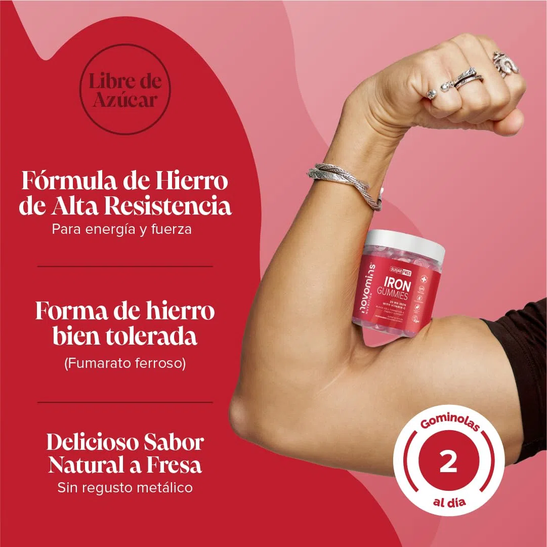 Hierro Suplemento 20 mg - Sin Azúcar - 60 Gominolas de Hierro y Vitamina C 24 mg - Vegano y Sin Gluten - para Energía y Sistema Inmunológico - para 1 Mes - Novomins