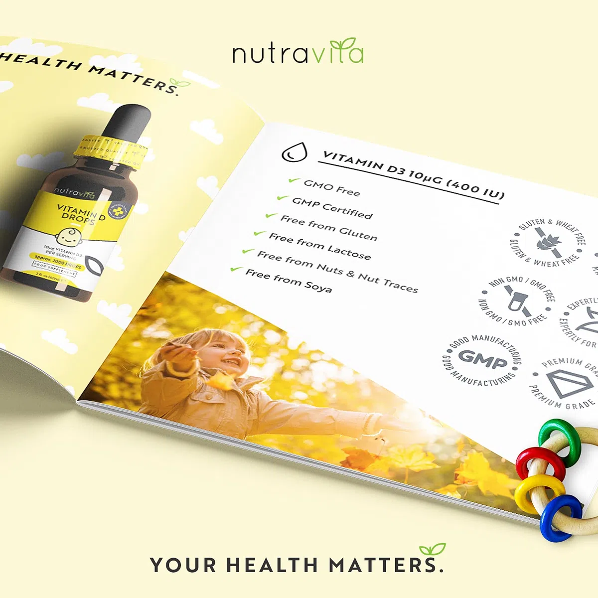 Nutravita Gotas de Vitamina D para Bebés y Niños 60ml – Sistema Inmunitario, Crecimiento y Desarrollo Normal de los Huesos en Niños – 400 IU o 10mcg por Gota (2000 raciones por Botella) – Sin Azúcar