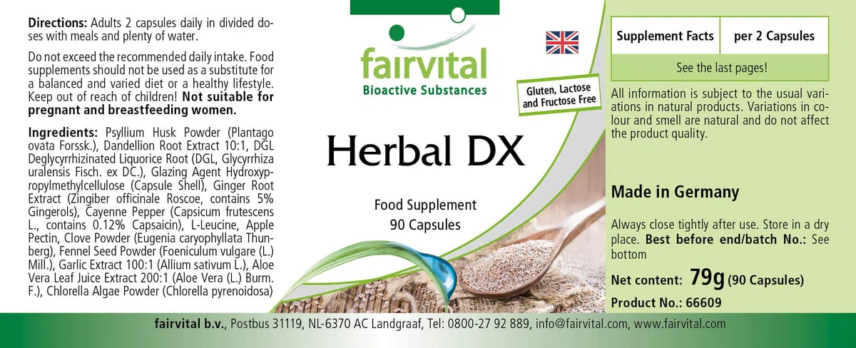 fairvital Cáscara de psyllium, extracto de raíz de diente de león y más, 90 cápsulas, con clorela
