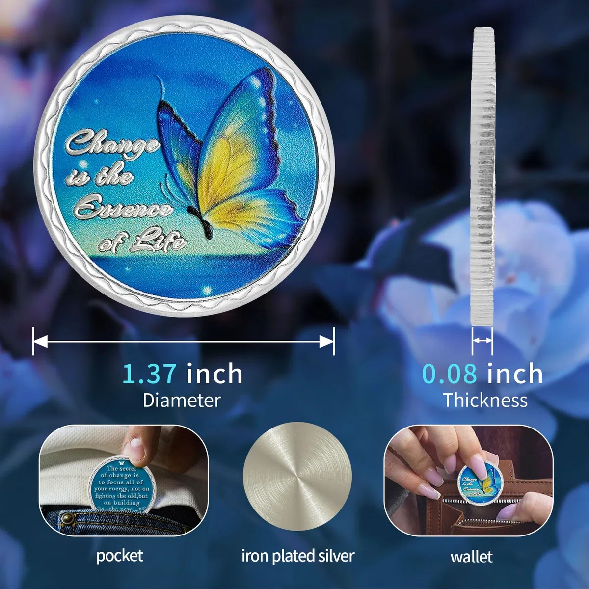 Moneda de sobriedad de mariposa azul, moneda de sobriedad del secreto del cambio, moneda de recuperación plateada con oración de serenidad, regalos de sobriedad de vida limpia para mujeres y hombres