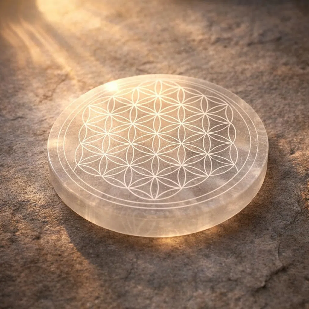 NKlaus Disco de Flor de la Vida en Selenita Placa de Selenita 12 cm Piedra de Recarga Grabada Flor de la Vida, Energizante Ideal para Reiki, Meditación y Decoración