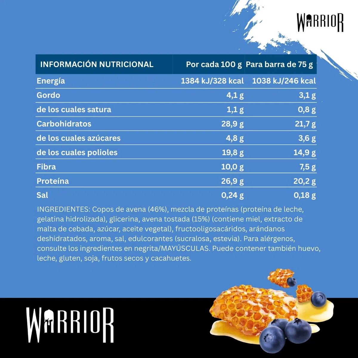 Barritas de proteína cruda Warrior Flapjack (20 g) - 12 x 75 g - Snack saludable de avena para el desayuno que aporta energía y crecimiento muscular (Baya de miel)