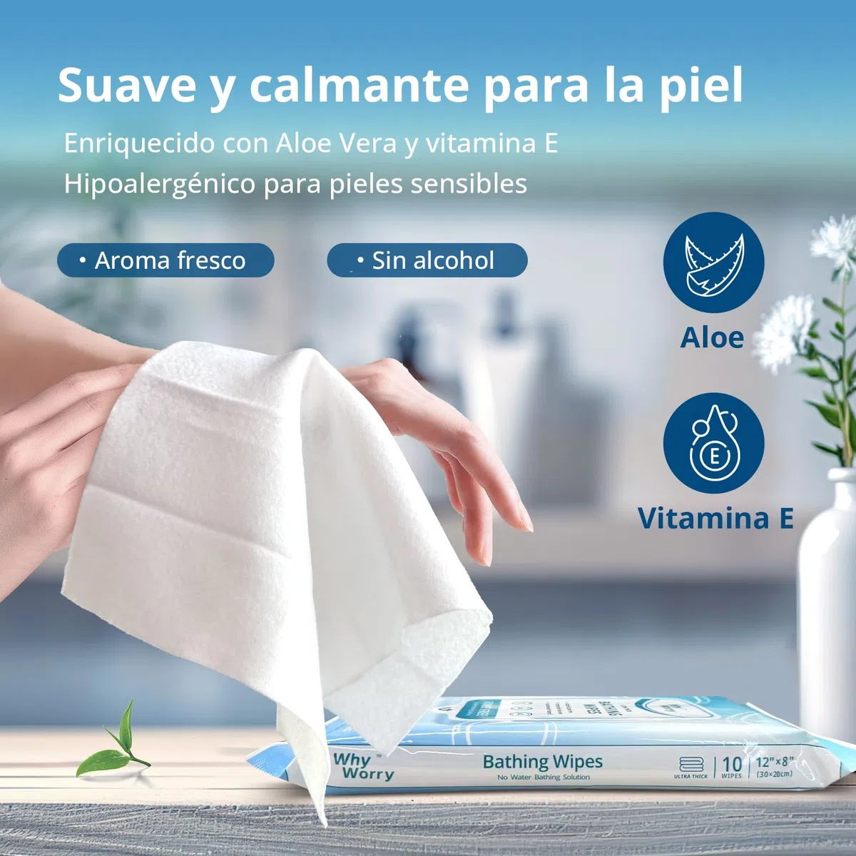 WhyWorry Toallitas Húmedas Corporales para Adultos y Ancianos, Extra Grandes 20x30 cm Toallitas Desechables con Aloe, Limpieza Corporal y Higiene, 99% Agua Pura & sin Alcohol, Perfumadas, 50 Unidades