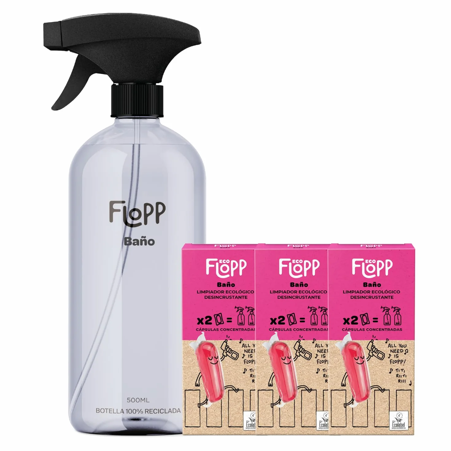 Flopp Limpiador de Baños Eco - Desincrustante - Eficaz contra la cal - Pack 6 Botellas de 500 ml (3L) - Formato ultraconcentrado - Ecolabel & Certificación Vegan - Multiusos