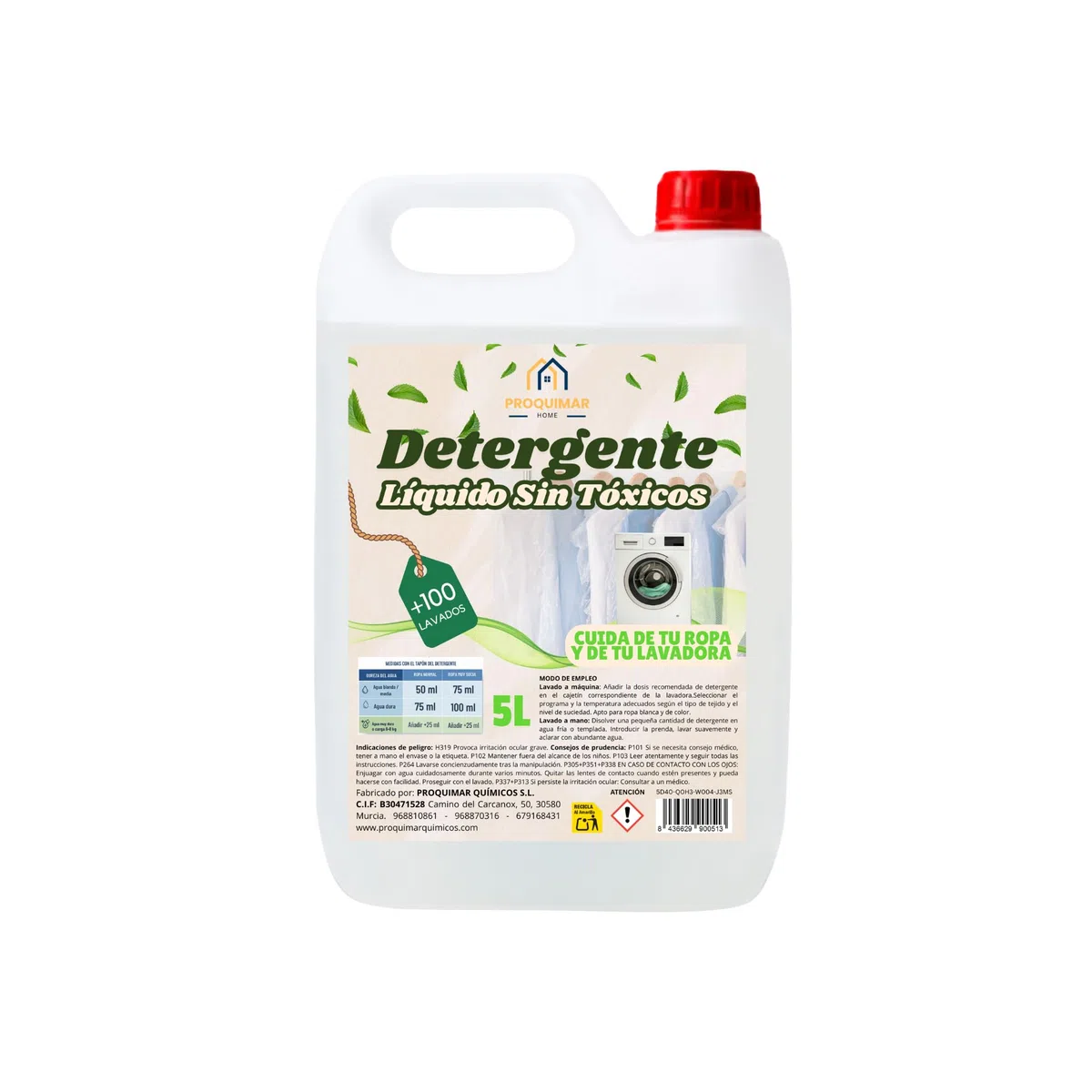 Detergente Líquido Hipoalergénico 5 Litros Sin Perfume – Más de 100 Lavados – Fórmula Suave para Piel Sensible y Bebé – Apto para Ropa Blanca y Color