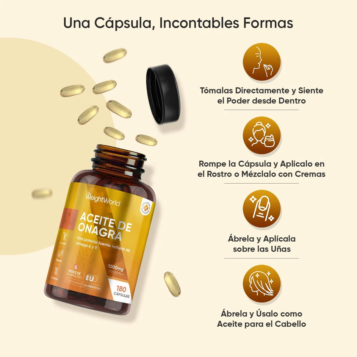 Perlas de Aceite de Onagra 1000mg - 180 Cápsulas, Fuente Natural de Omega 6 y 9 - El Ácido Linolénico Contribuye a Mantener Niveles Normales de Colesterol en Sangre (EFSA) - Prensadas en Frío, Vegano