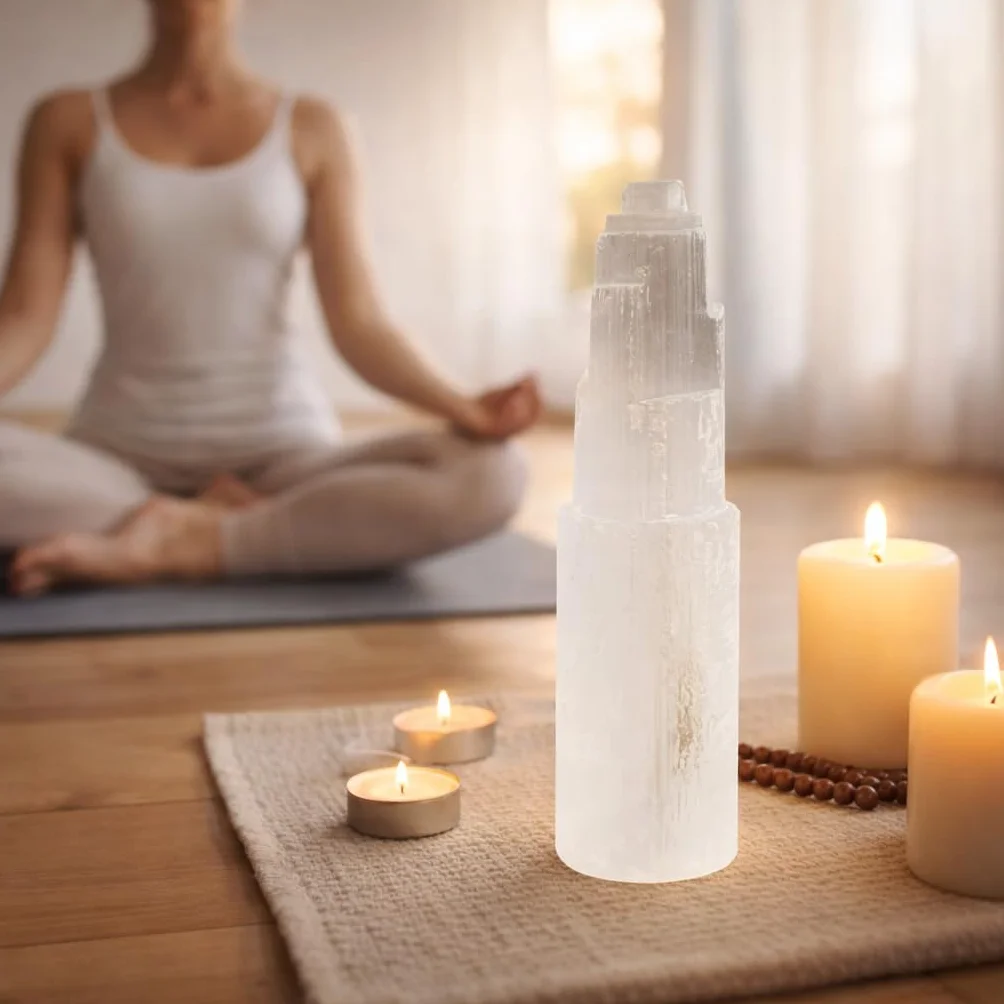 NKlaus Torre de cristal de selenita natural, 15 cm, para meditación, piedra preciosa, decoración 15312