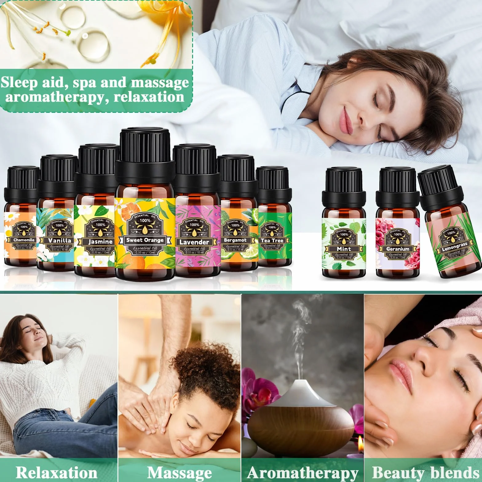 Set de Aceites Esenciales para Humidificador 20 x 10ml, Natural Aromaterapia, Aromaterapia Aceite Aromático para Difusor, SPA, Masajes, Bricolaje Casero - Eucalipto,Naranja Dulce,Vainilla