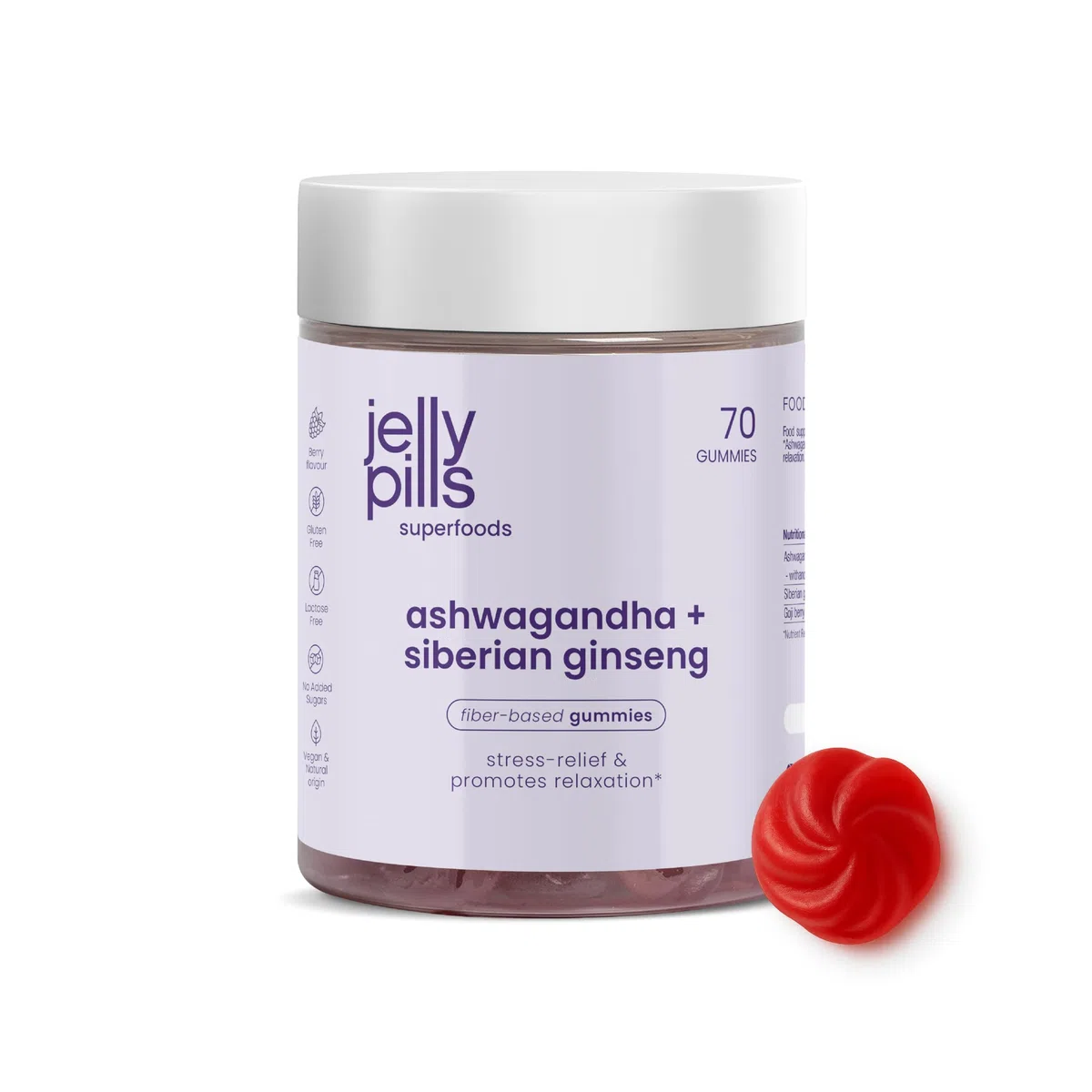 Jelly Pills Ashwagandha KSM-66 Gummies con Ginseng Siberiano y Goji - Adaptógenos para estrés y ansiedad con Withania Somnífera - 70 gominolas veganas sin gluten - Sabor natural a frutos del bosque