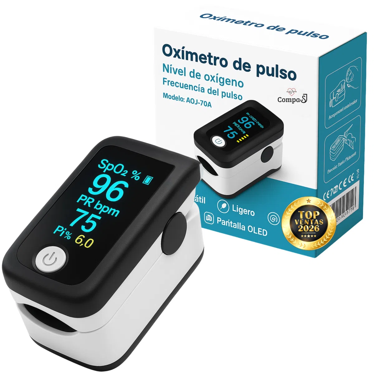 Oxímetro de Dedo Profesional, Pulsioxímetro Medidor preciso de la Saturación de Oxígeno en Sangre, Frecuencia Cardiaca. Oxímetro de Pulso para todas las Personas. Pantalla OLED. Incluye Pilas y Cordón