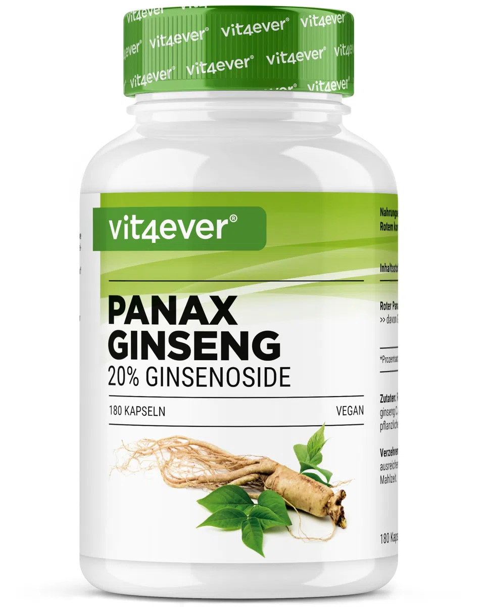 Ginseng rojo Panax 180 cápsulas - 1800 mg por dosis diaria - 20% de ginsenósidos - Extracto de raíz de ginseng rojo coreano 20:1 - Alta dosis - Vegano