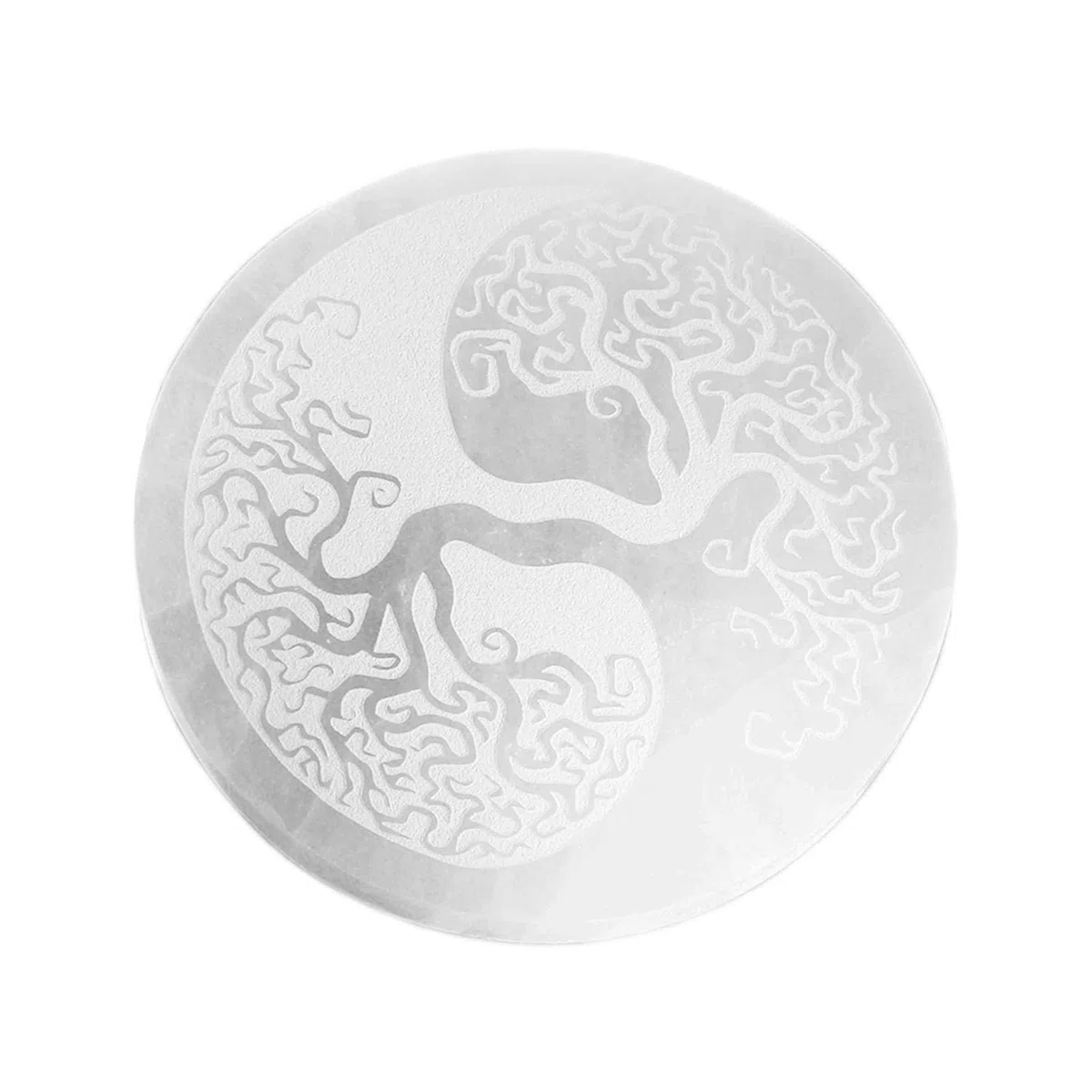 NKlaus Placa de carga de selenita redonda de 14,5 cm – con grabado del árbol de la vida Yin Yang, decoración espiritual para carga de piedras preciosas, meditación y trabajo energético, idea de regalo