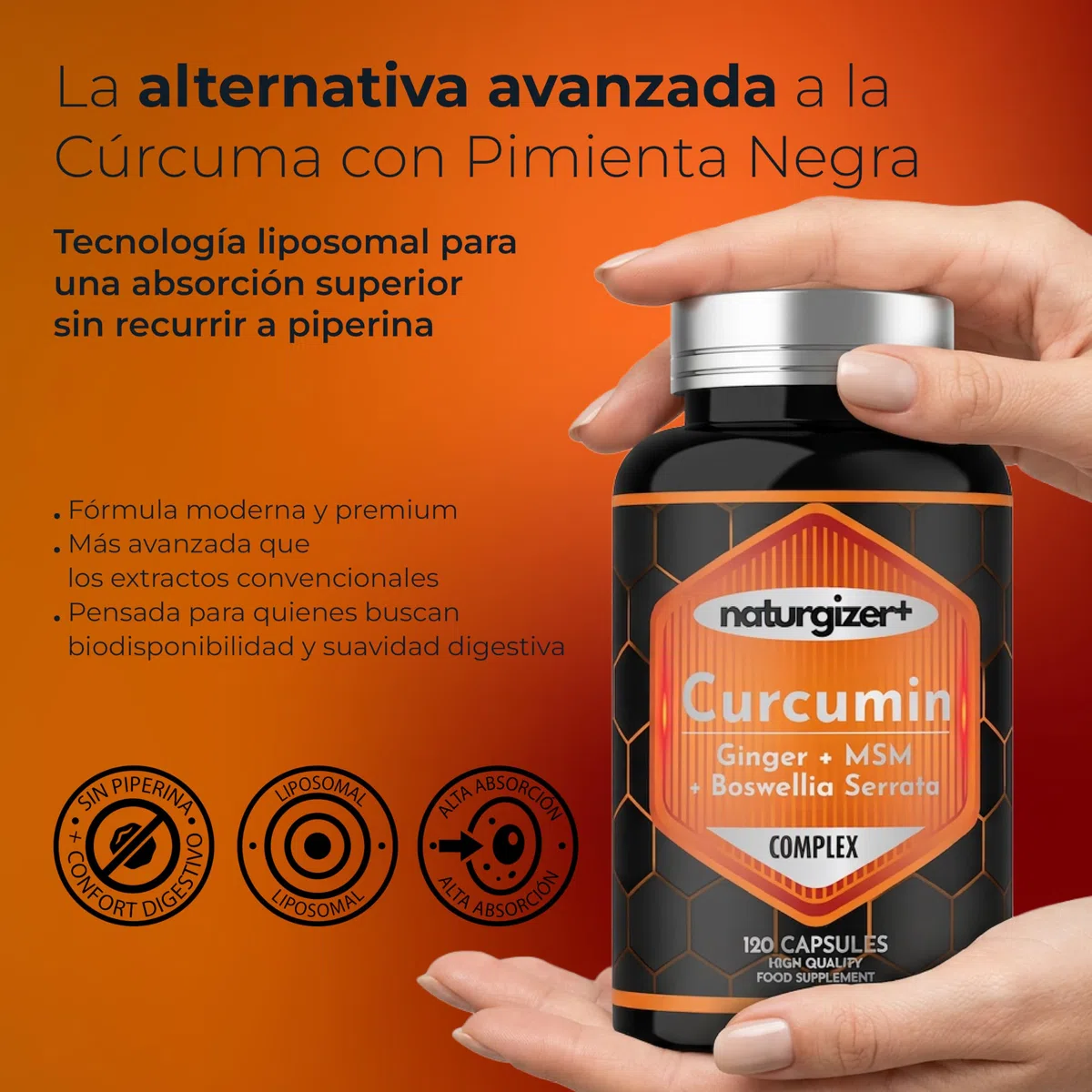 Cúrcuma LIPOSOMAL Complex con Jengibre, Boswellia, MSM | Alta Absorción | Apoyo Premium para Articulaciones, Músculos y Digestión | Curcumina en Cápsulas Vegetales |120 Cápsulas (60 Días) Naturgizer+