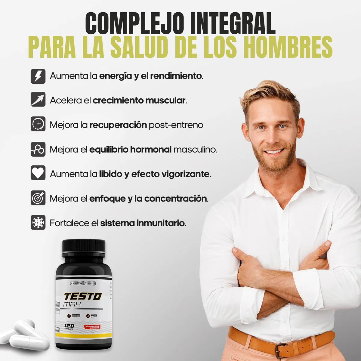 Testosterona hombre | Energía, Fuerza, Musculación y Vigor | Maca Andina, Ginseng, Tribulus y Taurina | Estimulante Energético | Mejora el rendimiento deportivo y muscular | Vigorizante | 120 cápsulas