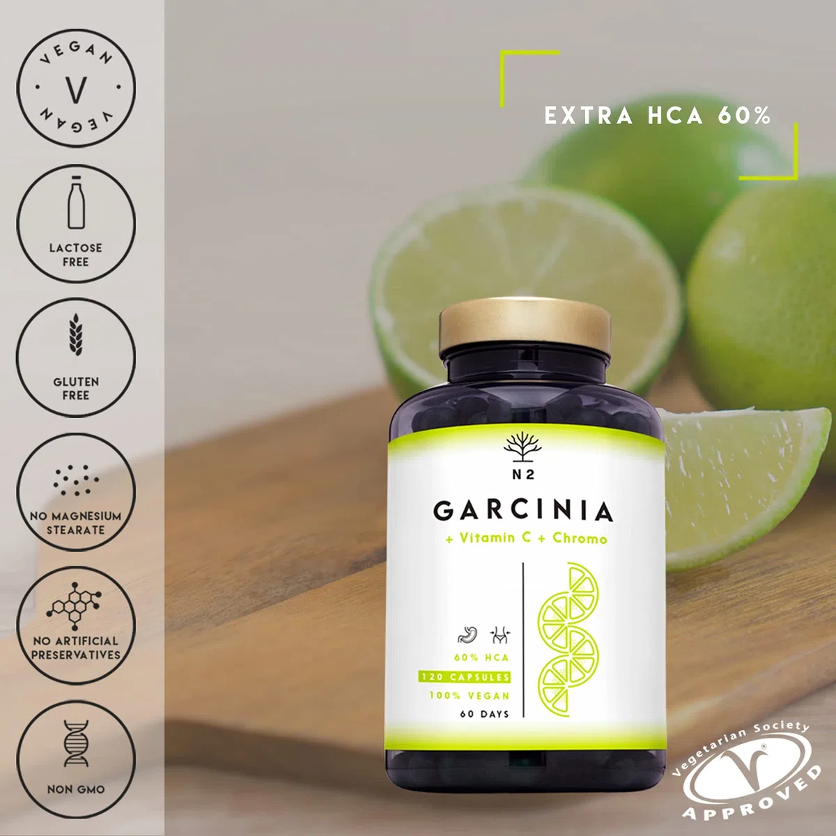 Garcinia Cambogia 60% HCA + Vitamina C y Cromo. Suplemento Natural para Adelgazar y Controlar el Apetito. 120 Cápsulas veganas. N2 Natural Nutrition