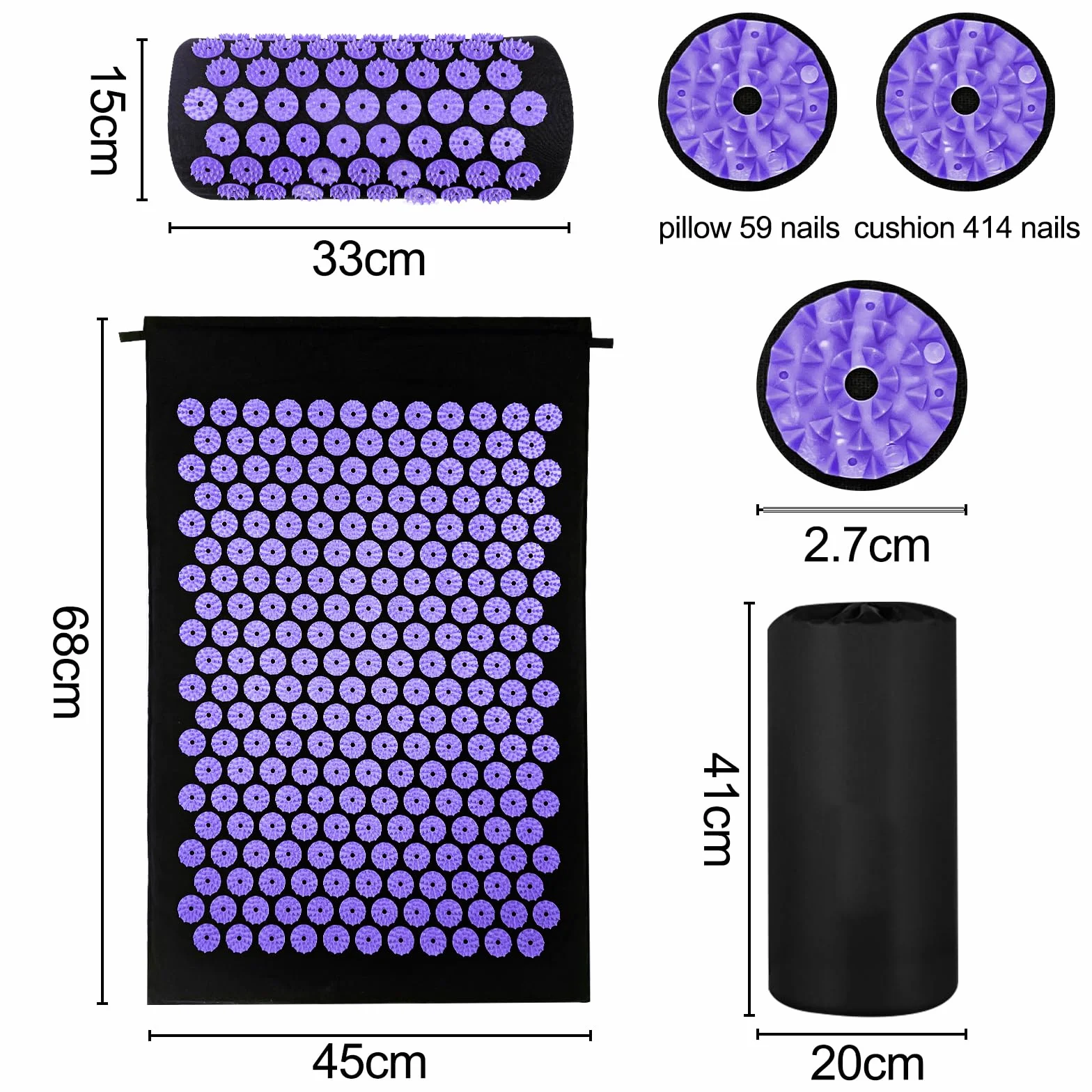 Magrimaxio Esterilla Acupresion Kit, Cojín de Acupresión con Almohada y Bolsa de Transporte, Mat de Masaje de Acupresión para Alivio del Dolor, Relajación Muscular, Meditación, Estimulación (Violeta)