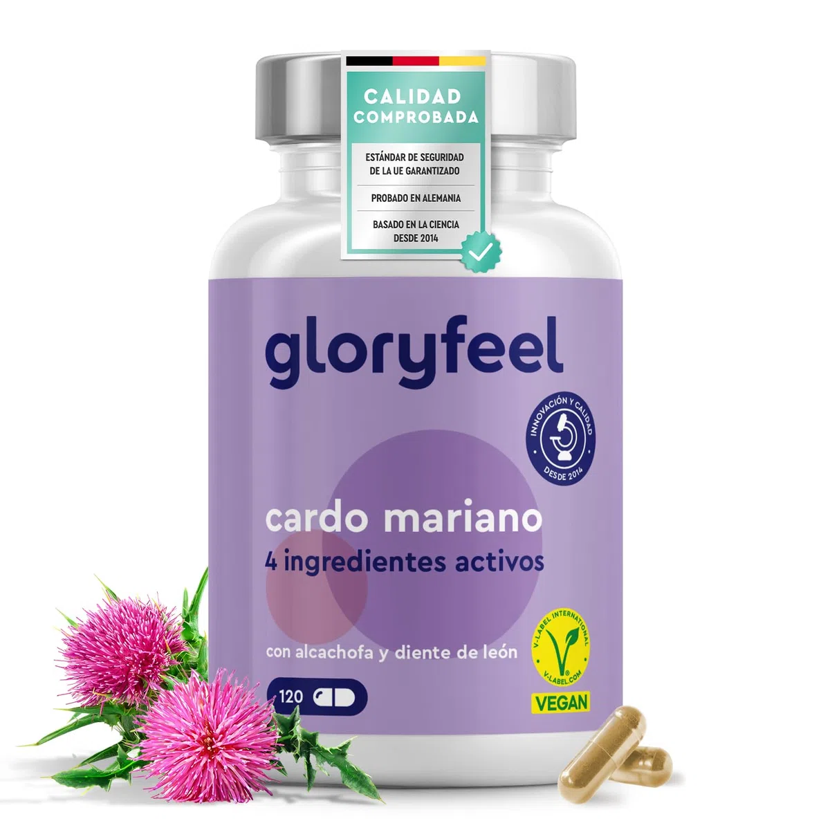 Cardo Mariano 500mg - Con Alcachofa, Diente de Leon y Desmodium - Alta Dosificación de Silimarina - 120 Cápsulas veganas - Probado en laboratorio, sin aditivos, fabricado en Alemania