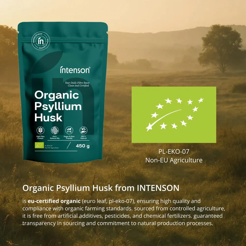 Intenson Psyllium Husk Orgánico, 450 g, Certificado Orgánico UE, Alto Contenido en Fibra, 100% Natural, Vegano, Apto para Dieta Keto, Sin Gluten, Sin Aditivos