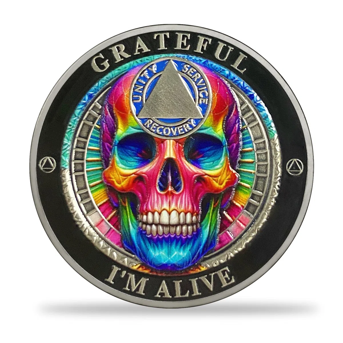 AtSKnSK Calavera colorida moneda sobriedad Grateful I'm Alive AA Moneda Recuperación AA HA NA Chips Medallones de sobriedad Token Regalos de Alcohólicos Anónimos para Hombres y Mujeres