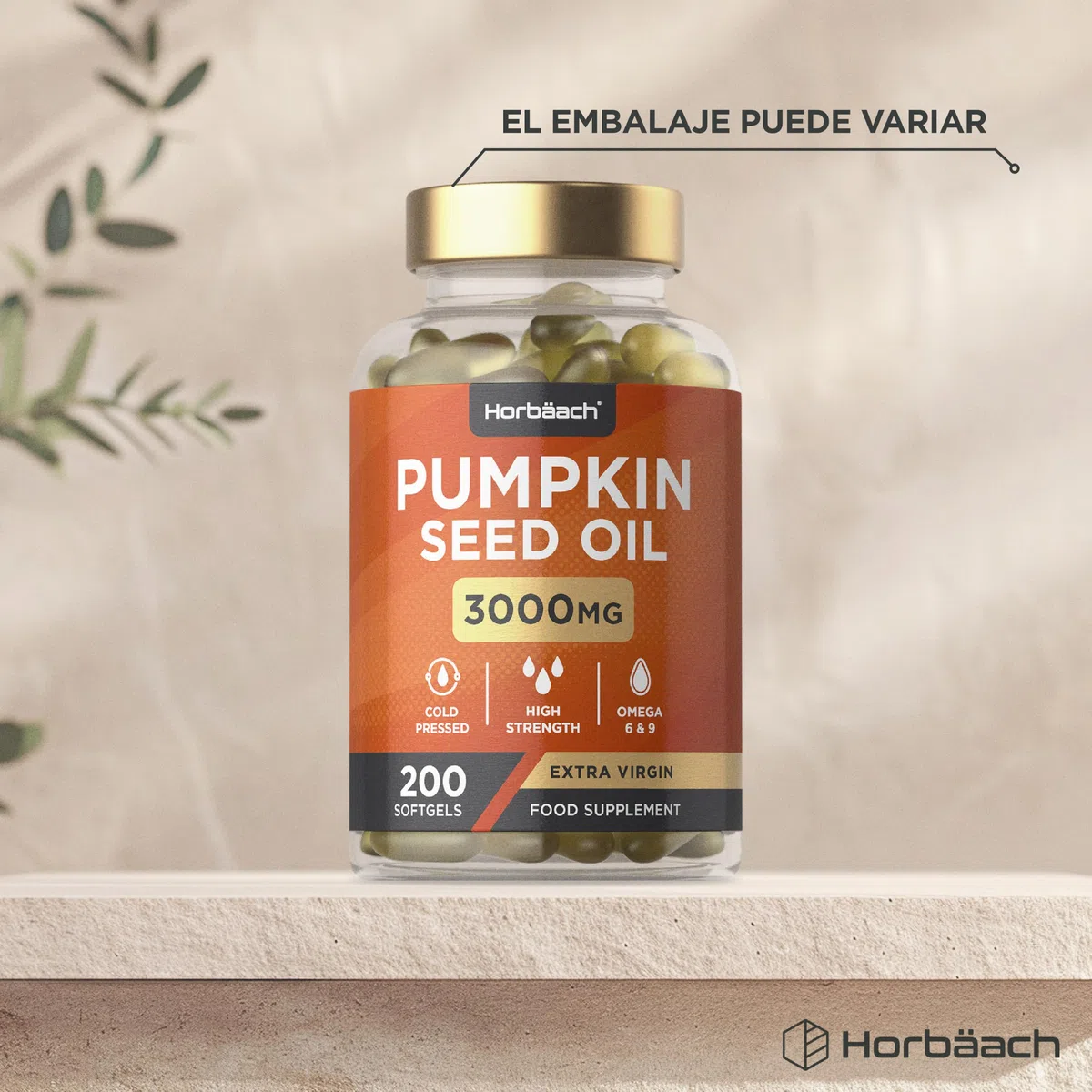 Aceite de Semillas de Calabaza 3000mg | 1350mg Omega 6 y 450mg Omega 9 | 200 Cápsulas | Máxima Potencia | Prensado en Frío y Extra Virgen | Pumpkin Seed Oil | de Horbaach