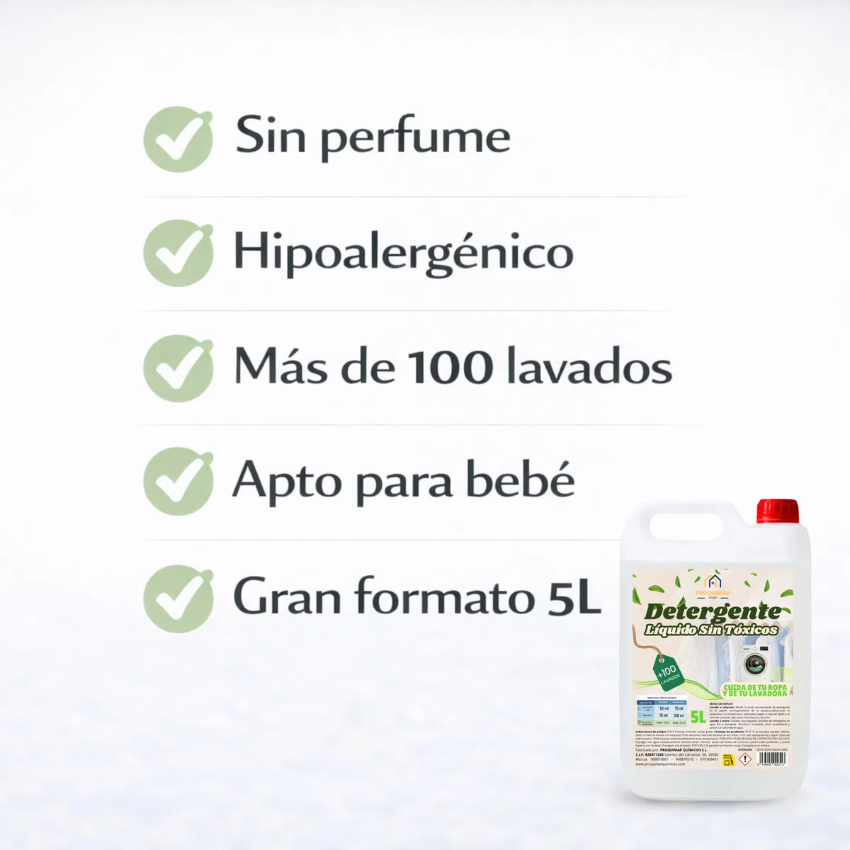 Detergente Líquido Hipoalergénico 5 Litros Sin Perfume – Más de 100 Lavados – Fórmula Suave para Piel Sensible y Bebé – Apto para Ropa Blanca y Color