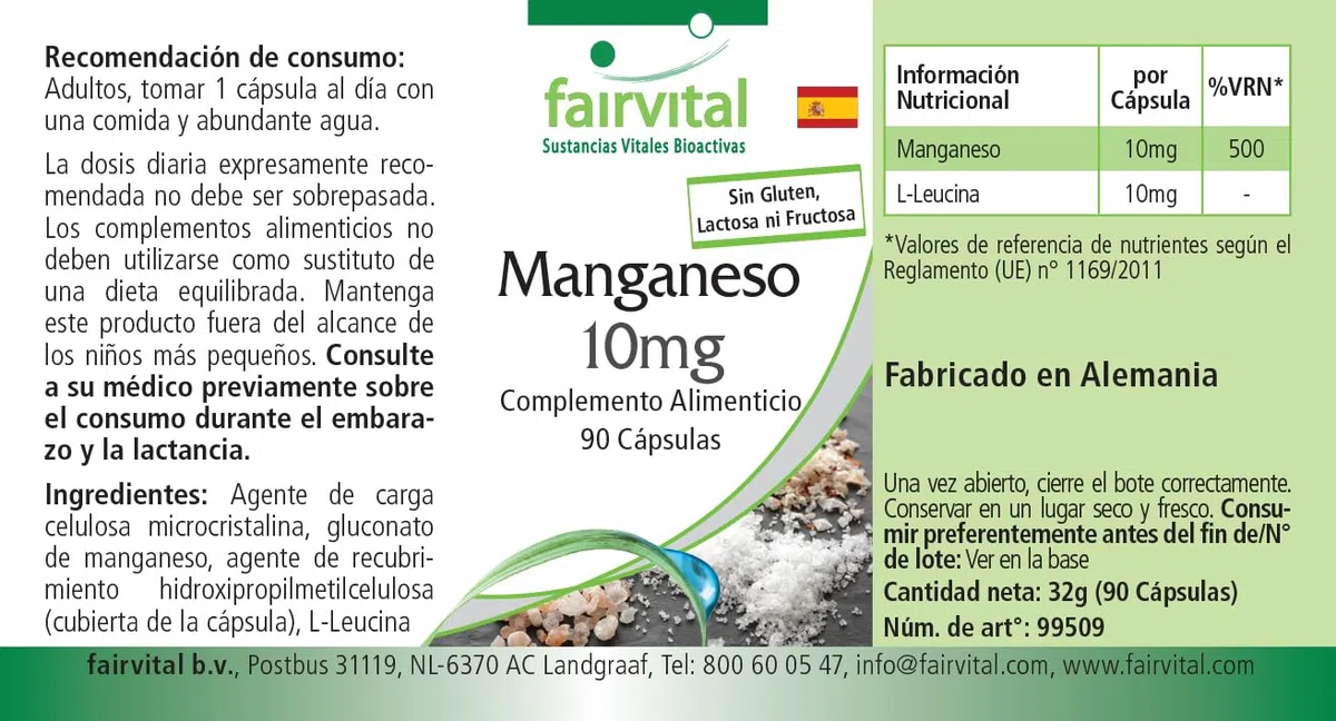 Fairvital | Manganeso 10mg - Dosis elevada - VEGANO - Oligoelemento esencial - 90 Cápsulas - Calidad Alemana