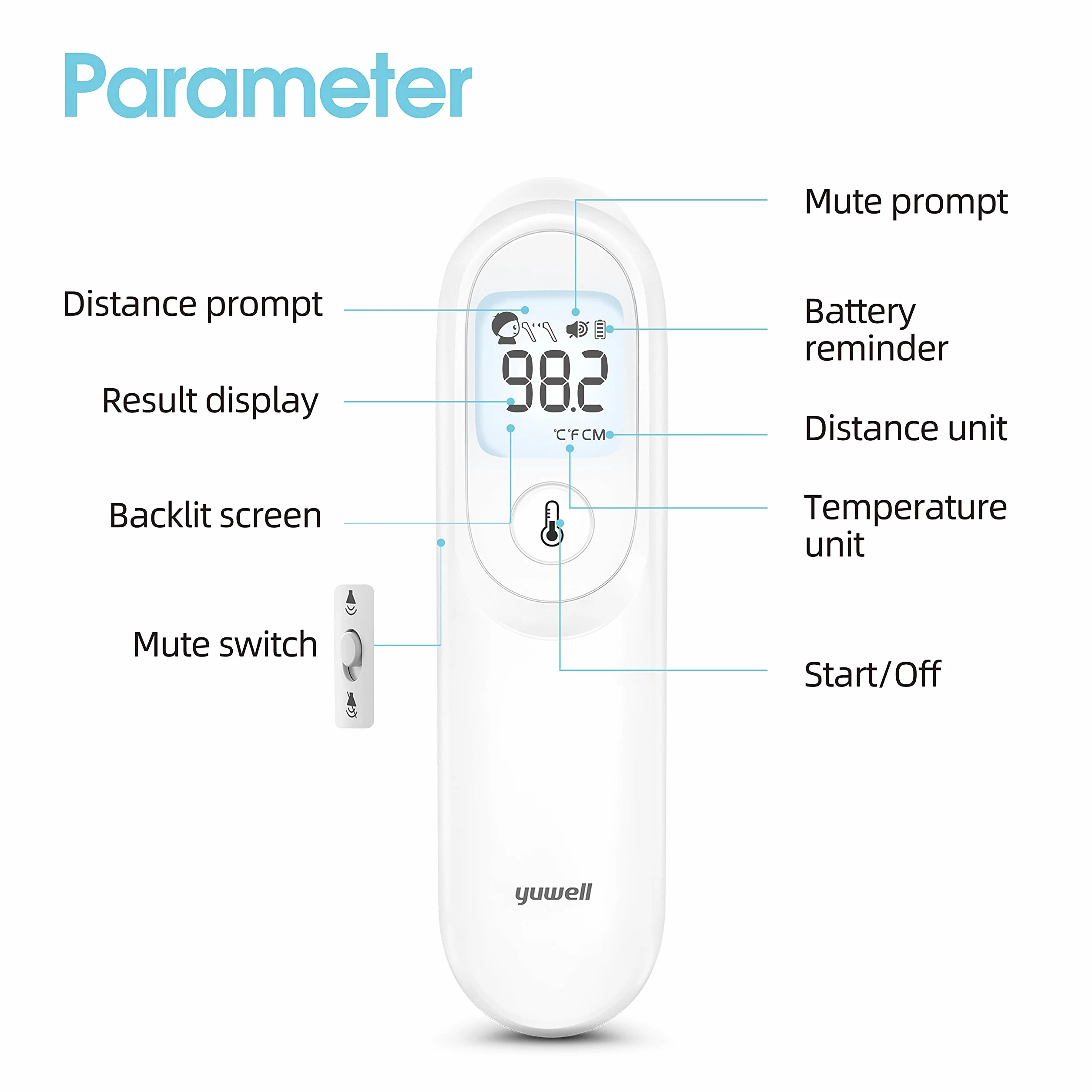 yuwell Termometro Infrarrojos para Adultos et Enfants, Termometro Digital Frente sin Contacto, Lecture Précise et Instantanée et Alarme de Fièvre e e Estuche Incluy