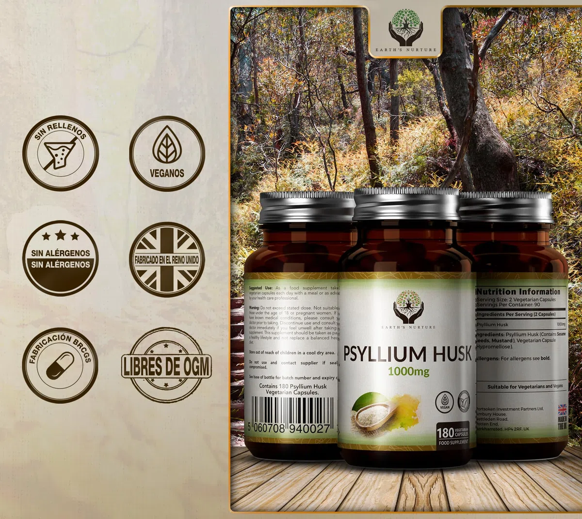 EN Psyllium | 180 Psyllium Husk Capsulas - 1000mg Psilyum Fibra por Porción | Fibra de Plantago Ovata | Psilium Husk Capsulas del Polvo | Sin OGM, Gluten ni Alérgenos | Fabricado en el RU