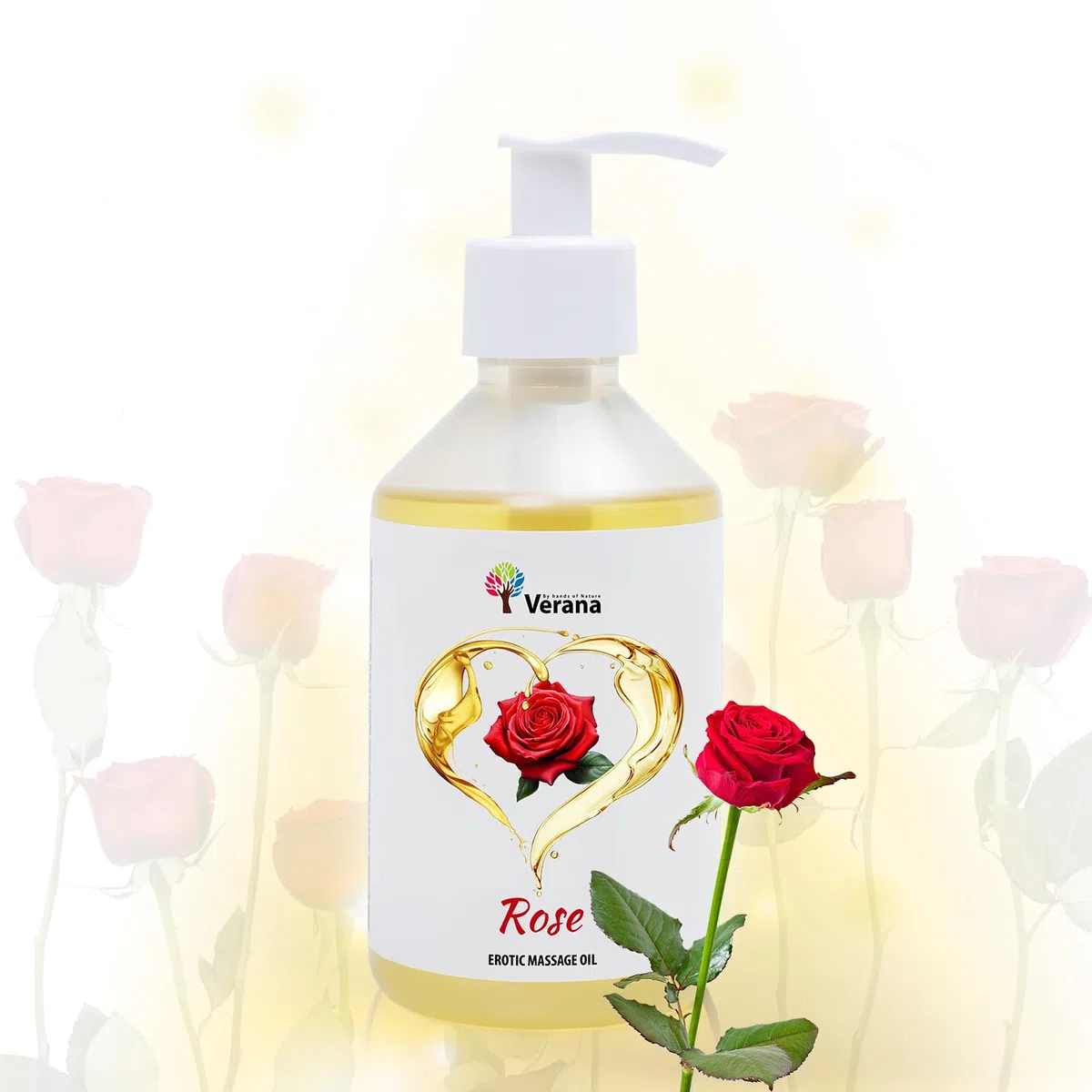 Verana Aceite de Masaje Erótico Sexual Relajante, 100% Cosmética Natural, Bio, Orgánico, Vegano, Lubricante Sexual Íntimo, Afrodisíaco, Ideal para masajes Yoni y Lingam 250 ml (Rosa)