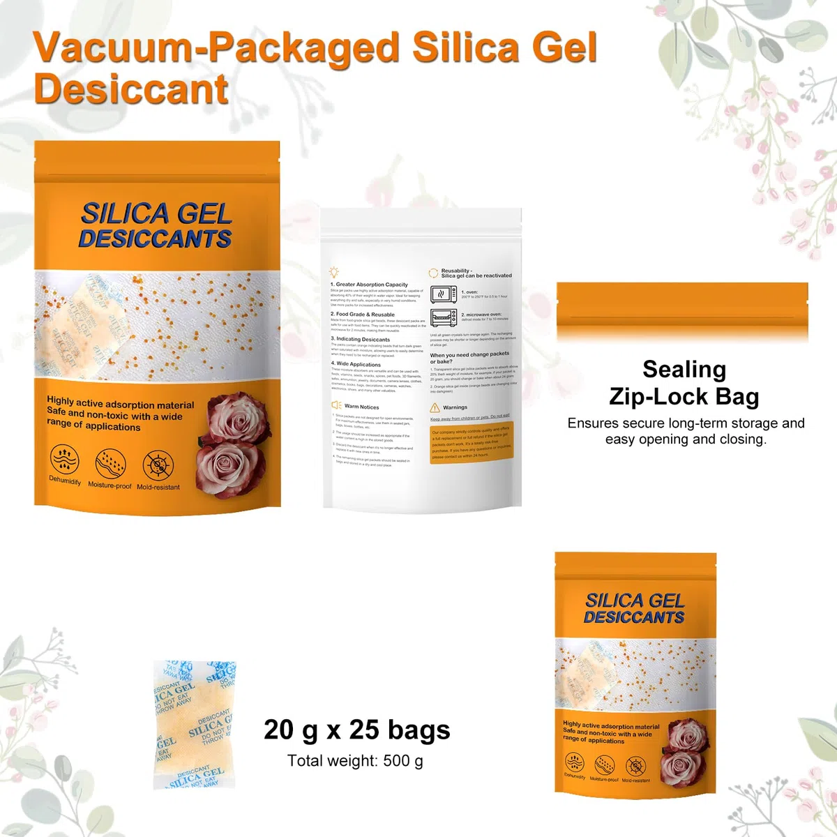 Bolsas de Gel de Sílice Antihumedad 20g x 25 - Reutilizable, Alimentario, Con Indicador de Absorción de Humedad