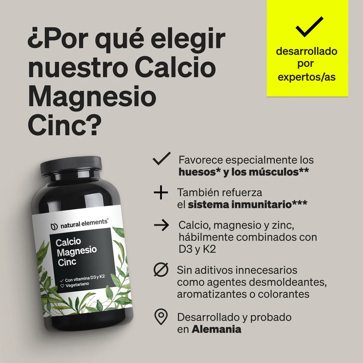 Calcio Magnesio Zinc + Vitamina D3 y K2 (MK7) - Apoya huesos, muscular y sistema inmune - 360 Tabletas para 6 meses - Sin adivitos innecesarios, probado en laboratorio en Alemania
