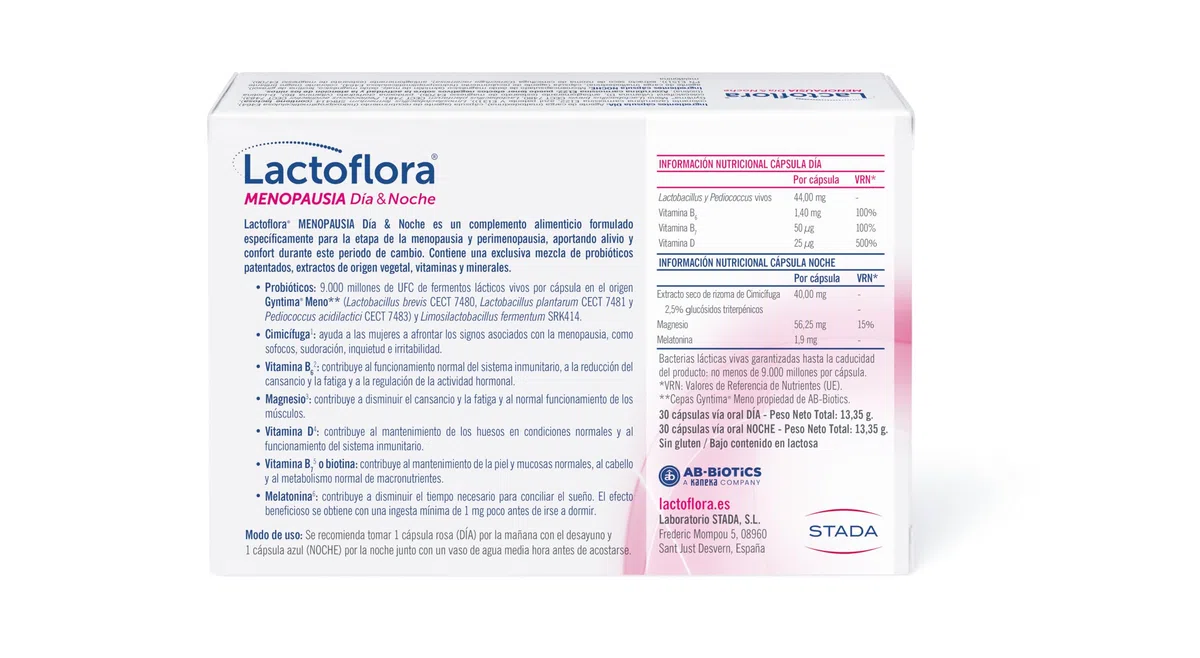 Lactoflora Menopausia Día y Noche, Control de sofocos y sueño, Fórmula con Cimicífuga, Probióticos y Melatonina para menopausia y perimenopausia, 60 cápsulas