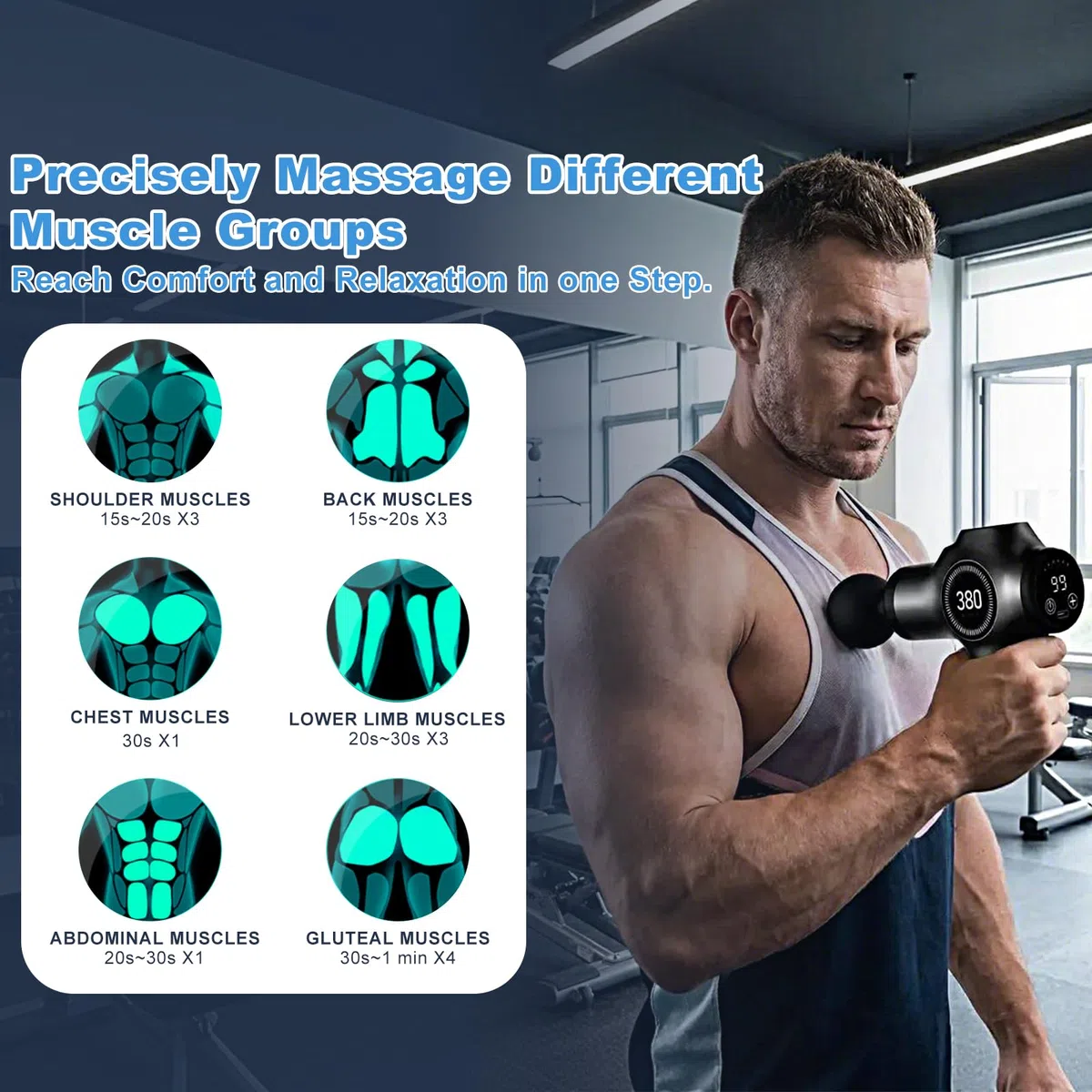 Pistola de Masaje Muscular, Eléctrica Masajeador de Tejido Profundo con 30 Velocidades, Pistola Masajeador de Mano con 8 Cabezales de Masaje, Carga Tipo-C, para Relajar los Músculos del Cuerpo