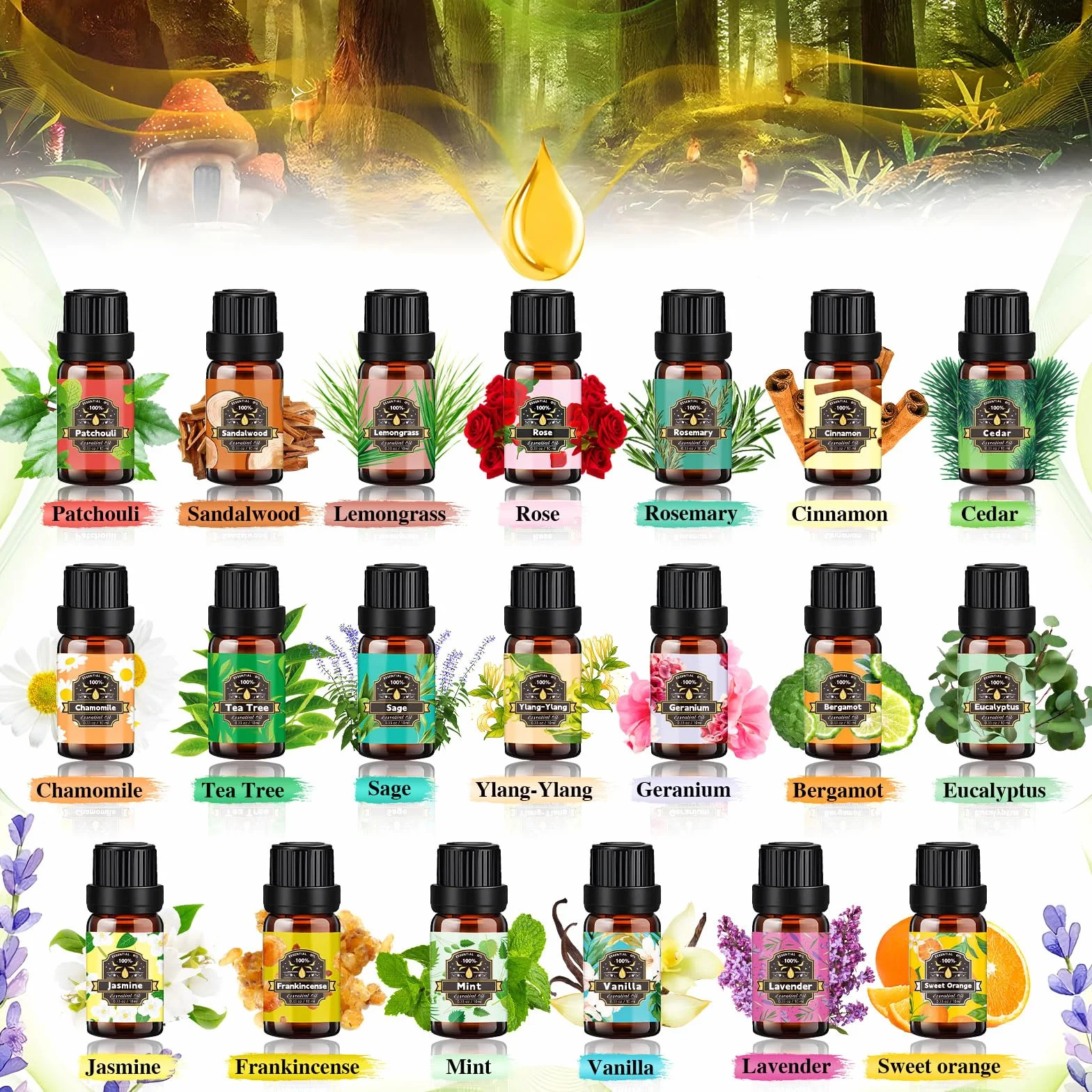 Set de Aceites Esenciales para Humidificador 20 x 10ml, Natural Aromaterapia, Aromaterapia Aceite Aromático para Difusor, SPA, Masajes, Bricolaje Casero - Eucalipto,Naranja Dulce,Vainilla