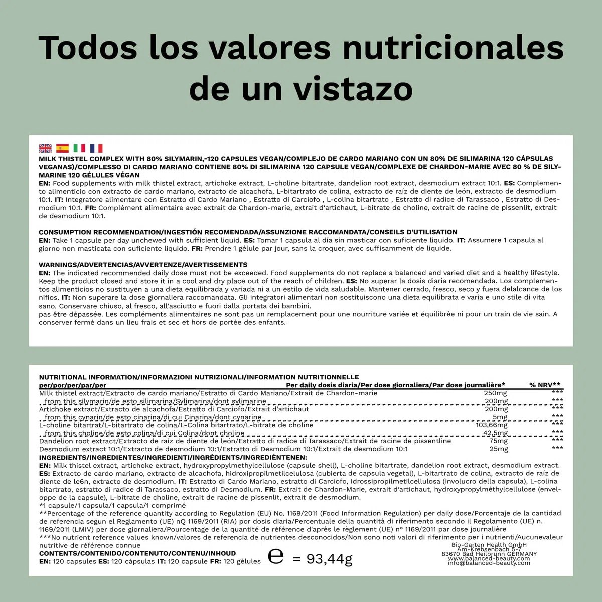 Balanced Vitality cardo mariano, Artichoke, Dandelion Complex-120 cápsulas veganas para 4 meses - con 80% de silimarina - sin aditivos - testado en laboratorio - Made in Germany