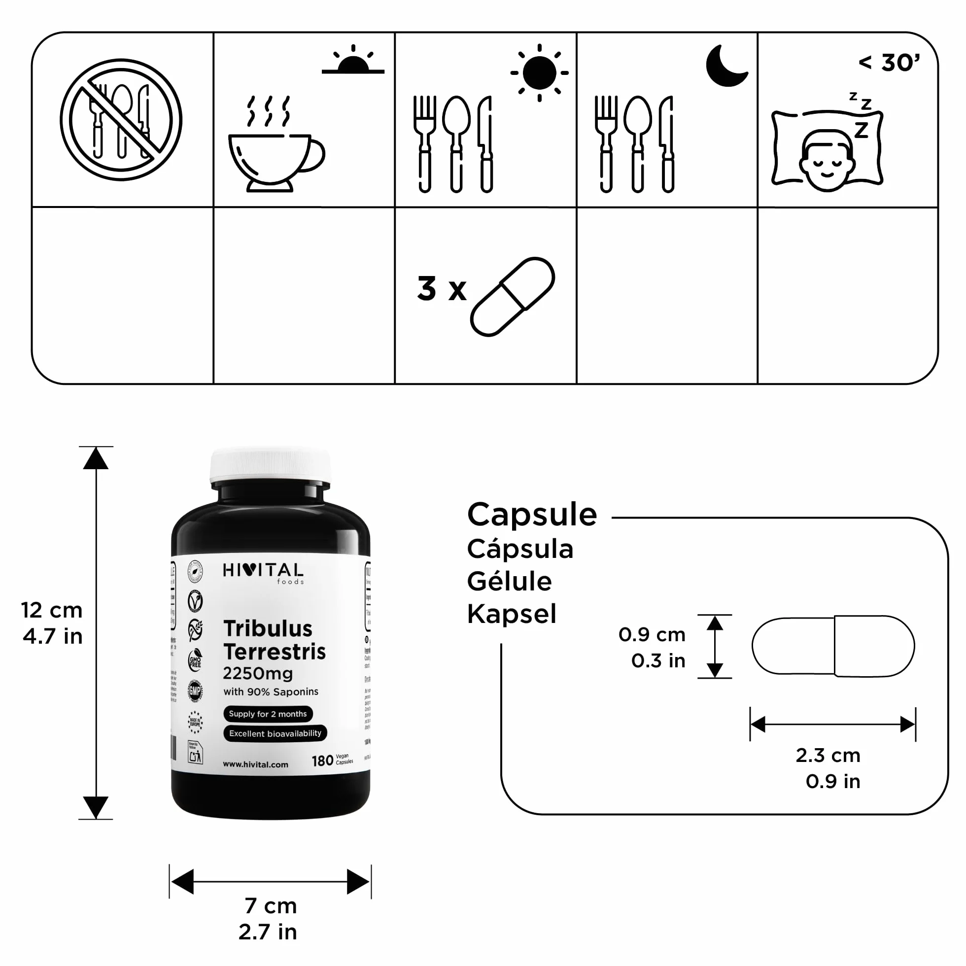 Tribulus Terrestris 2250 mg. 180 cápsulas veganas para 2 meses de tratamiento. Extracto Natural con 90% Saponinas con alto principio activo. Fabricado en España por HIVITAL