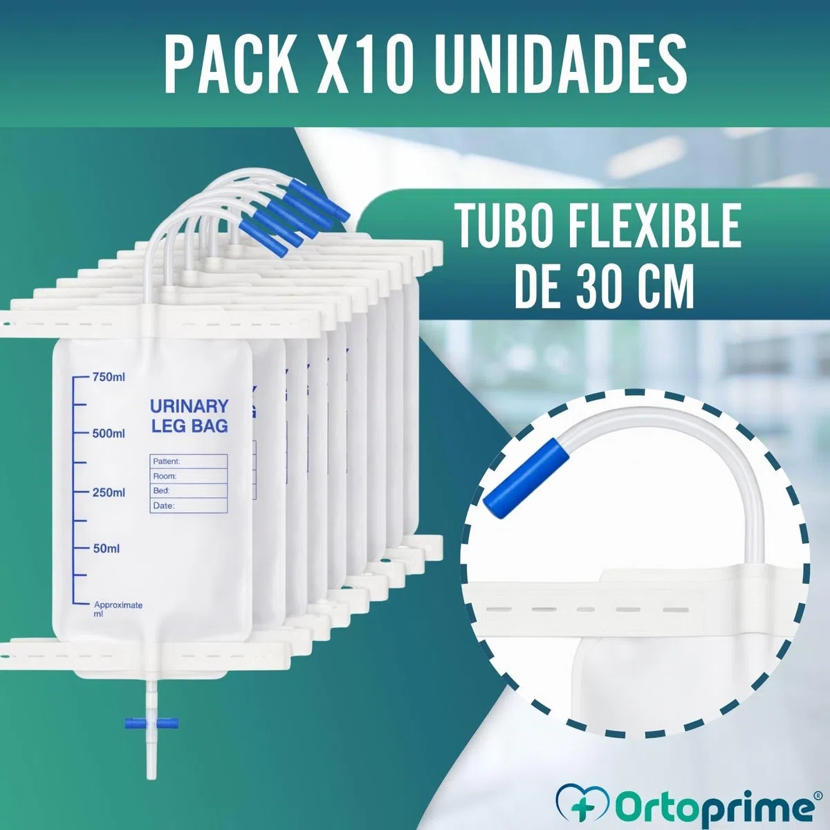 OrtoPrime Bolsas de Orina Pierna PACK X10 UNIDADES bolsa Drenaje orina 750ML Colector Urinario ANTIGOTEO en T - bolsas orinal portátil - Sonda Urinaria ESTERILIZADAS Bolsa de Pierna Urinaria