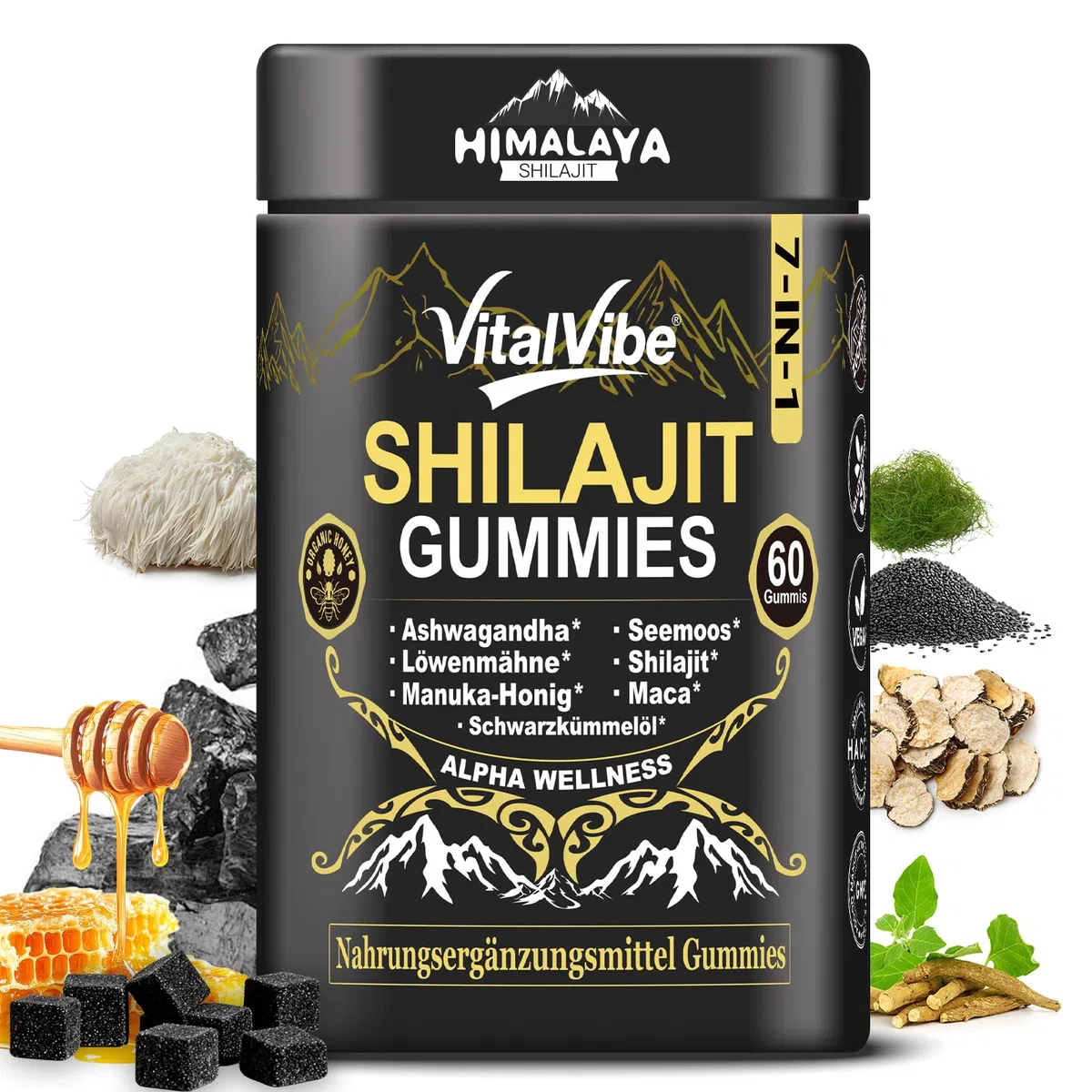 Gominolas Himalaya Shilajit Gomas | con oligoelementos y ácido fúlvico | para hombres y mujeres | puro y natural | vegano,más de 85 oligoelementos, sin azúcares añadidos, complemento alimenticio