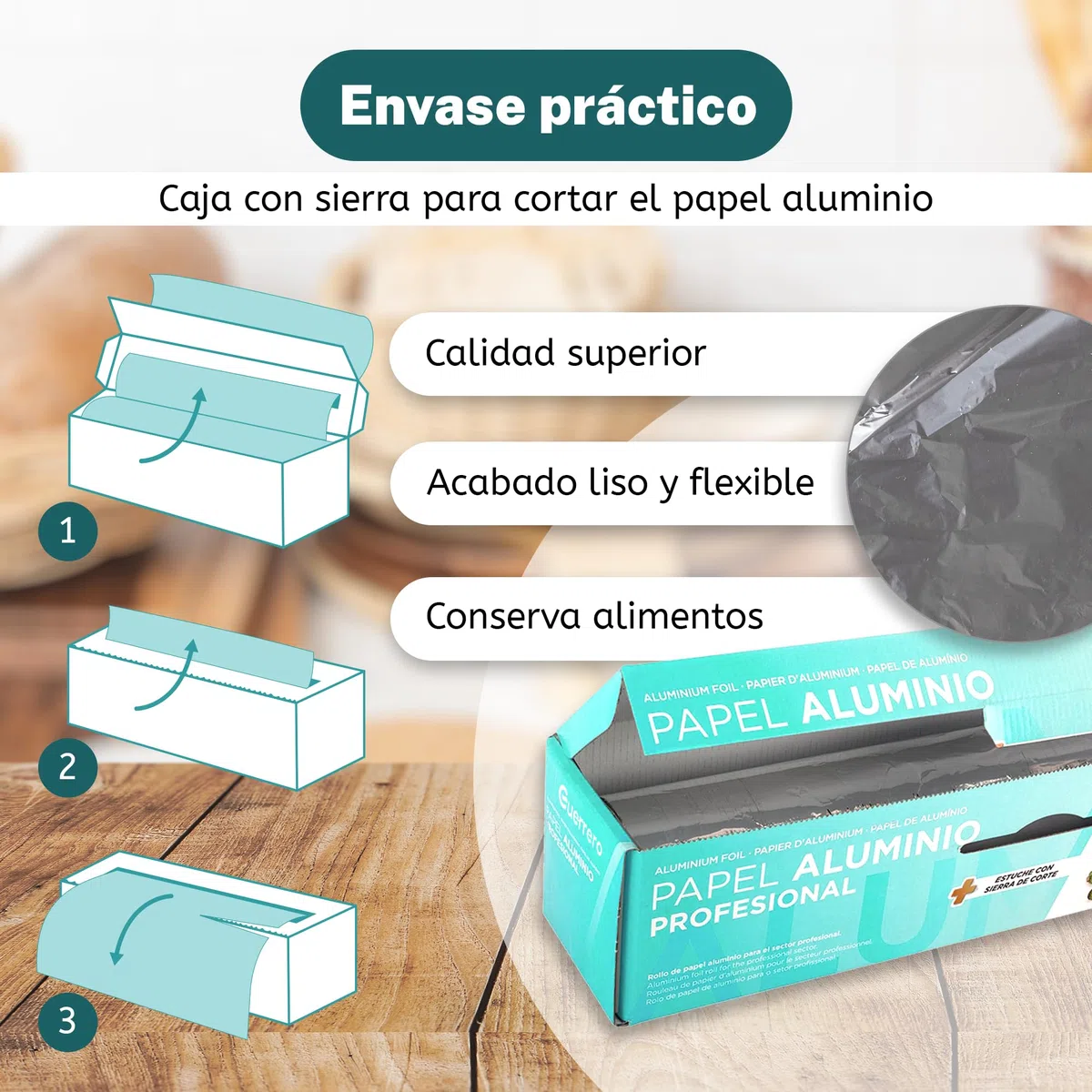 Papel Aluminio Industrial Profesional - Rollo Plata Grande de 300 mm y 13 Micras - Papel con Sierra para Corte, para Cocina, Alimentación, Catering o Peluqueria (1 Unidad)