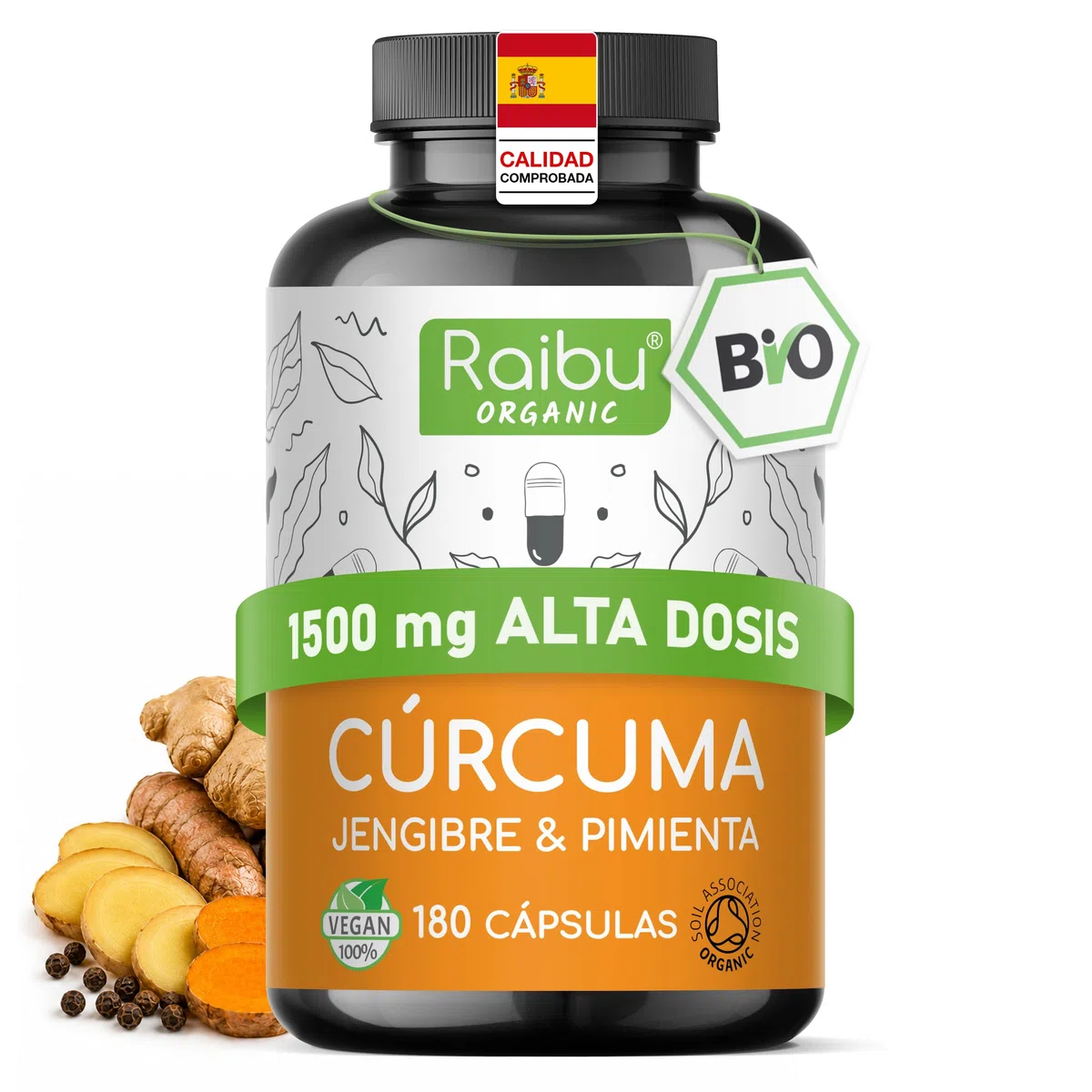 Cúrcuma con jengibre y pimienta negra Orgánica, 1500mg - Antiinflamatorio Natural - 180 Cápsulas de Curcuma, jengibre y pimienta negra - Certificación Ecológica, Probada en Laboratorio