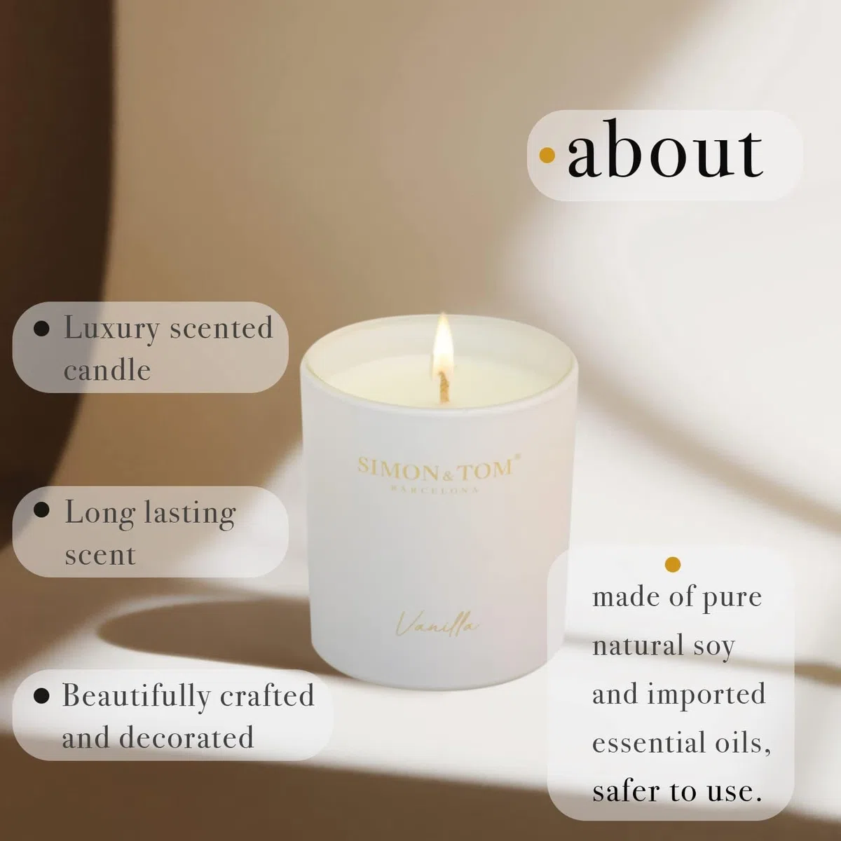 Simon&Tom Velas Aromáticas para Regalo, Fragancia a Vainilla, Cera de Soja Natural, Larga Duración, 100 Horas de Autonomía, Vela perfumada y decorativa en frasco de cerámica, Aromaterapia