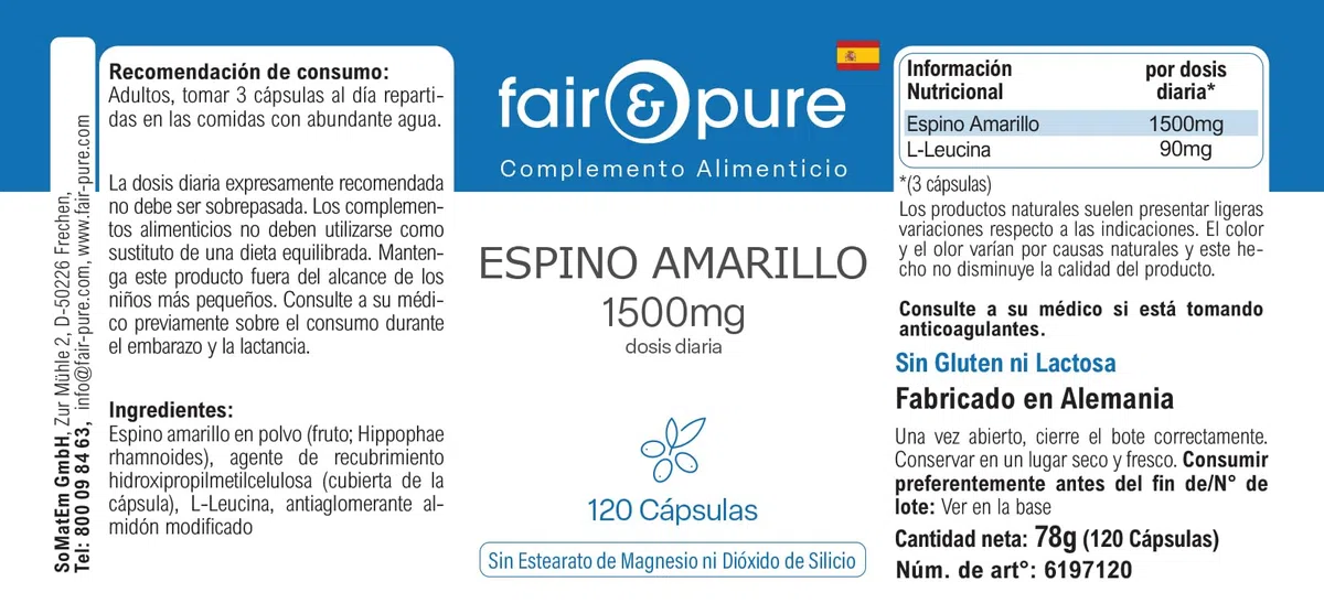 Fair & Pure Espino amarillo 1500mg, 120 cápsulas, complemento alimenticio vegano sin estearato de magnesio, fabricado en Alemania.