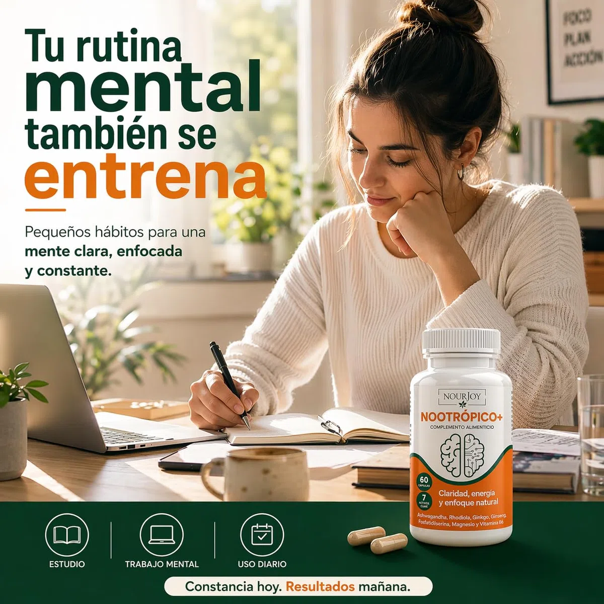 NOURJOY Nootrópico Natural - Memoria, Concentración y Energía Mental con Ashwagandha y Ginkgo Biloba 60 Cápsulas