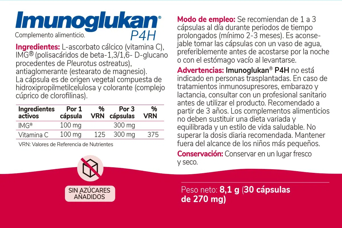Imunoglukan P4H | 30 Cápsulas | Complemento Alimenticio con Vitamina C para fortalecer las Defensas de Niños a partir de 3 años y Adultos
