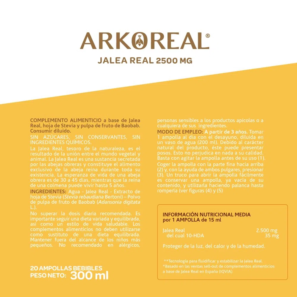 Arkopharma Arkoreal Jalea Real 2500mg Sin Azúcar 20 Ampollas, Máxima Concentración En Jalea Real, Complemento Alimenticio